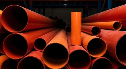 Stacked Orange and Black Industrial Pipes in Industrial Storage