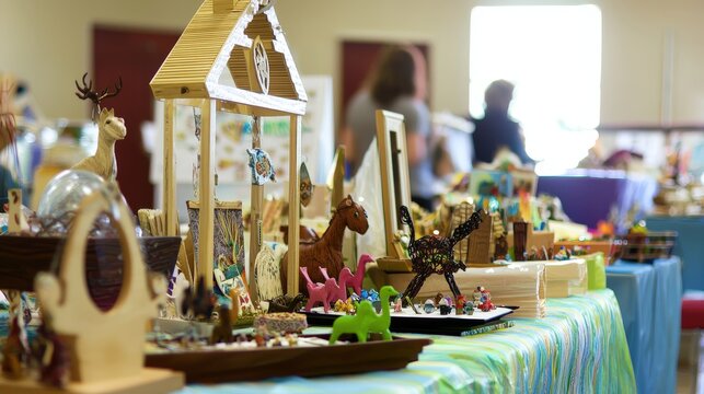 Various handcrafted items, including wooden structures and animal figurines, are displayed at an arts and crafts fair with customers browsing in the background.