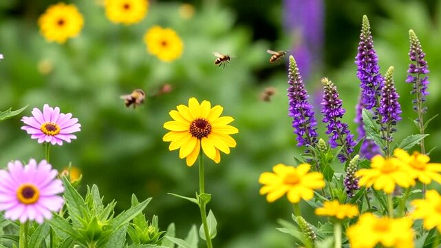 Bees pollinating vibrant flowers in a lush garden setting.