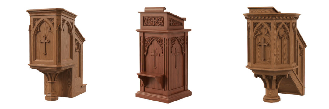 Three Ornate Wooden Church Pulpits with Gothic Carvings Isolated on White Background