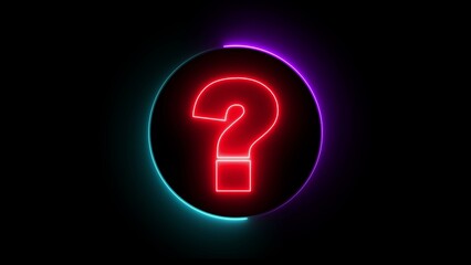 A neon question mark glows brightly in a dark background with vibrant colors