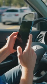 Person using smartphone while driving car on suburban street