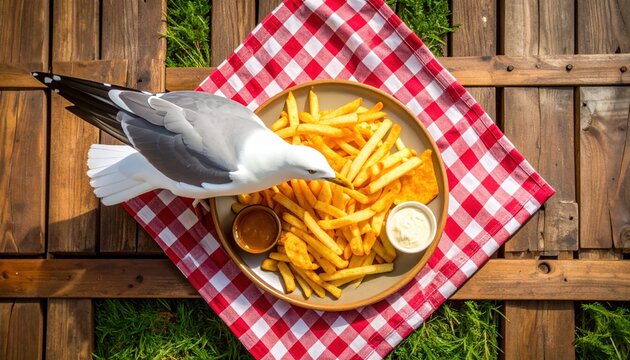 Bold seagull snatches fries from picnic spread, a brazen feathered food thief
