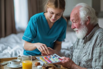 Caring Nurse Explaining Medication to an Elderly Man in Bed