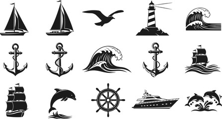 Nautical icons, sailboats, lighthouse, anchors, dolphins, ocean waves, ship wheel, yacht, maritime symbols, seagull illustration, sailing ship silhouettes, marine design elements © MSTAMENA