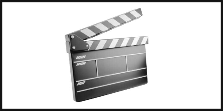 Halftone close up clapperboard at slight angle open slate with striped hinge film production prop on white background vintage textured monochrome tones high contrast dramatic mood
