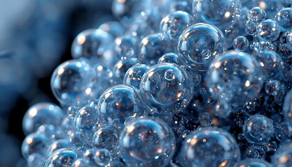 A close-up view of a cluster of transparent bubbles with a blue hue