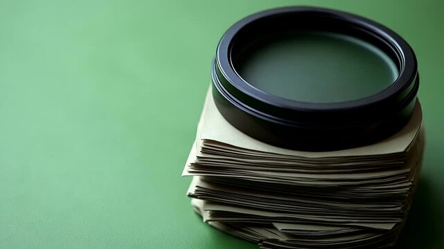 Close-up of a camera lens resting on a stack of blank papers on a green surface