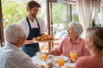 Waiter Serving Fresh Croissants to Seniors at a Luxury Care Facility
