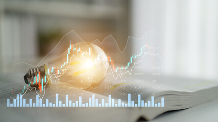 Innovative Business Ideas and Strategies with Light Bulb and Financial Data Graph Representations...