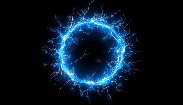A glowing blue circle of electricity with lightning bolts on a black background