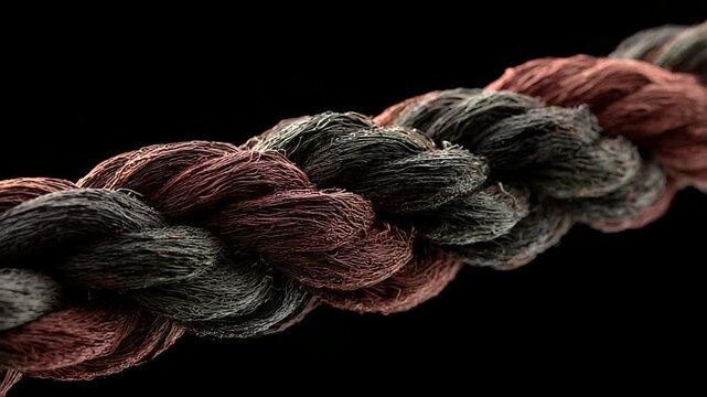 Close-up of a thick braided rope with dark background.