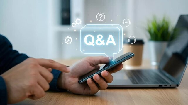 Man's hand holding a phone, Q&A support concept.