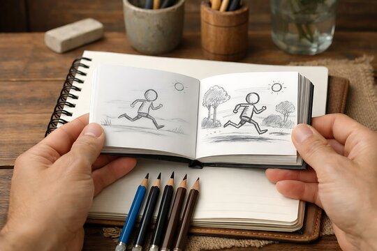 Hands Holding Sketchbook with Sequential Animated Running Drawings