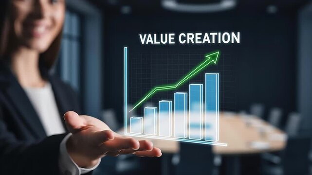 Businesswoman presenting a financial graph for value creation, business growth.