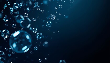 A close-up view of clear water bubbles floating in dark blue water