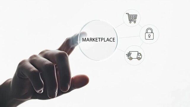 A hand touching a marketplace button for the concept of E-commerce and online shopping.