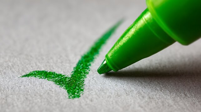 Elegant poto of Macro shot of a vibrant green checkmark on white paper with a felt-tip marker, isolated on white background