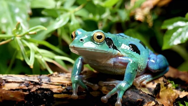 Vibrant blue and green frog perched on a log in a lush green environment