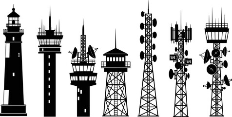 Obraz premium Silhouette illustration of lighthouse, observation tower, telecommunications tower, radio tower, broadcast tower, communication infrastructure, antennas and satellite dishes, black and white design