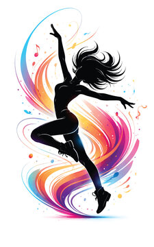 Dynamic Female Dance Silhouette with Colorful Music Waves and Energy Flow