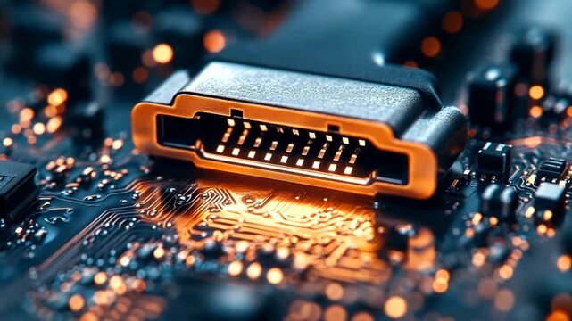 Close-up of a circuit board connector with glowing elements and intricate details
