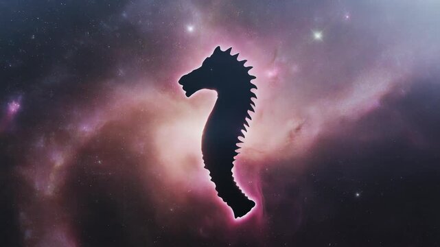 Silhouette of a seahorse against a cosmic nebula background