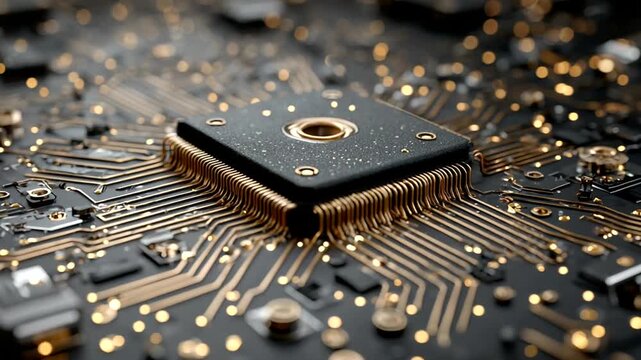 Close-up of a circuit board with intricate gold connections and chips