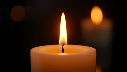A lit candle in a dark room with blurred background lights