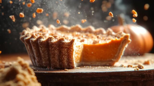 A delicious pumpkin pie with falling crumbs tells an inspirational story of autumn harvest, creating a warm food background for thanksgiving and seasonal celebration