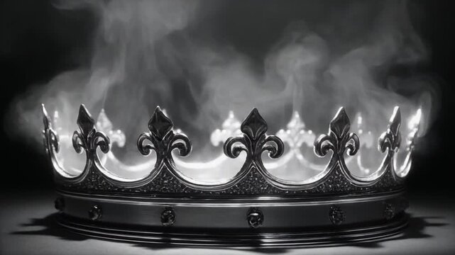 Black and white image of a regal crown with smoke, set against a dark background, in detail