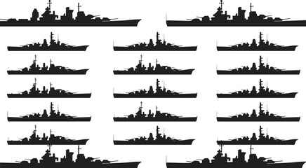 Black vector silhouette icon set of various modern naval warships including battleships and destroyers for military maritime history and navy defense branding © Dilip