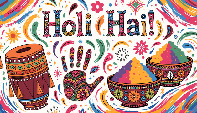 A vibrant and colorful illustration celebrating Holi with traditional Indian elements and festive designs