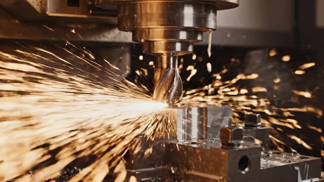 Close-up of a metal drilling process, showering sparks in a vibrant, dynamic display