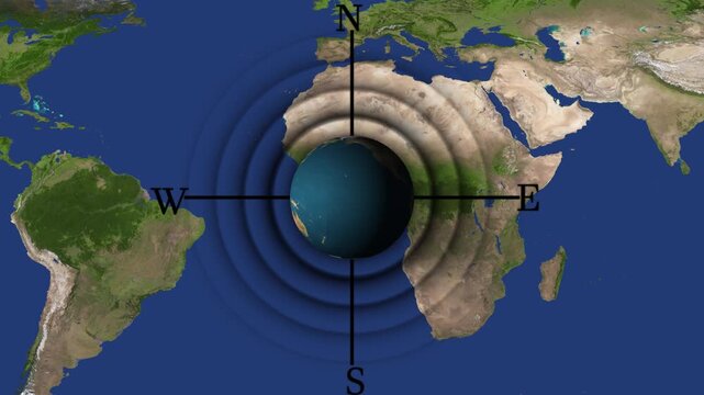 Earth globe with compass rose and concentric rings superimposed on a world map africa animated, Earth Globe on Radar Screen with black Indicators world animation.