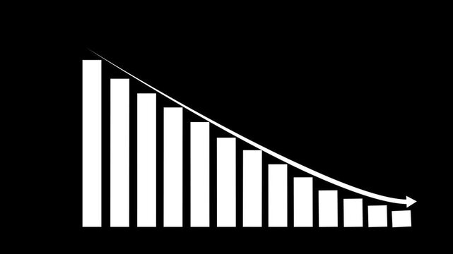 Minimal black background with white descending bar chart and curved line ending in arrow, showing downward trend, decline, loss, recession, analytics concept.