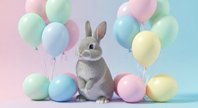 A cute gray bunny surrounded by colorful balloons on a pastel background