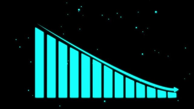 Glowing turquoise bar chart with descending trend line on dark starry background, suggesting declining growth, analytics, business downturn, or signal strength drop.