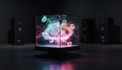 Media corner with a central holographic display emitting colorful volumetric visuals contrasted by a softly blurred surround sound setup and dim exhibition space.