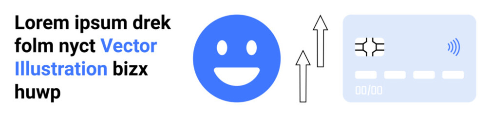 Fototapeta premium Digital payments, financial growth, customer feedback, technology integration, business efficiency, consumer satisfaction. Blue smiling face, arrows credit card. Financial growth and digital