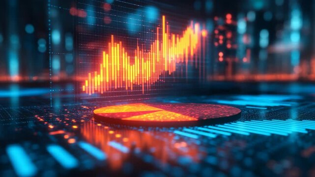 Stock market financial chart and pie graph visualize global trade analytics in a futuristic digital background