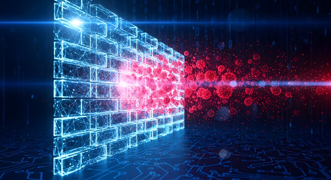 A digital illustration of a glowing blue firewall blocking a stream of red viruses in a futuristic cyber environment
