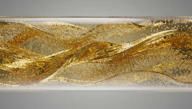 Medium shot focused on a macro fluid flow showing nanoparticles dispersing evenly within oil highlighting microscale fluid dynamics and texture.