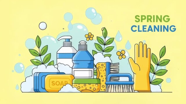 Whimsical spring cleaning animation with soap, brushes, and gloves amid fluffy bubbles