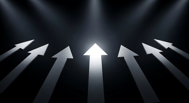 White arrows pointing upwards on a dark background, highlighted by spotlights