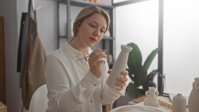 Woman holds brush to ceramic vase with hand while painting glaze patterns on vase in pottery studio; concentration craft.