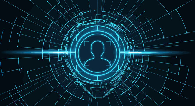 A bright blue digital target scope with a user profile icon is centered within glowing circuit lines.