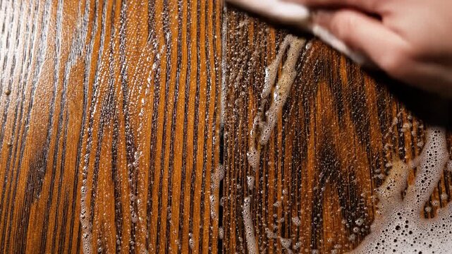 Hand wiping wet wooden table with soapy foam and suds, cleaning cloth motion wiping wood grain close up, textured wooden table polishing and cleaning action conveying tidy fresh feeling