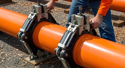 Worker Securing Orange Pipeline Sections with Clamping Devices on Gravel Ground