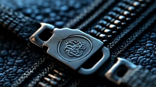 Close-up of a stylish black zipper pull on textured fabric, showcasing intricate design